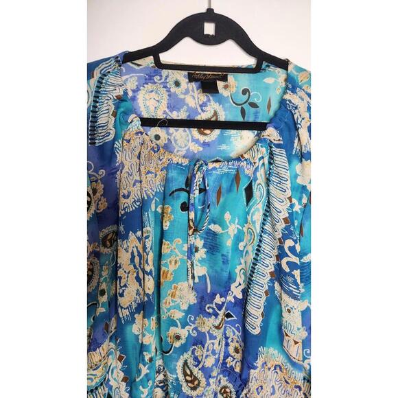 Ashley Stewart Shirt Womens Plus 22 Blue Teal Boho Paisley Peasant Top Blouse - Picture 2 of 6